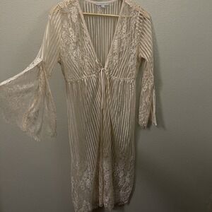 Haute Monde Lace Robe Cover Split Bell Sleeves Tie Beige Blush‎ Coquette Up Sz L